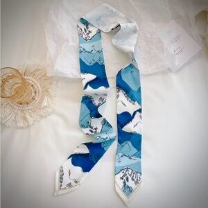 Blue and White Patterned Silk Skinny Scarf